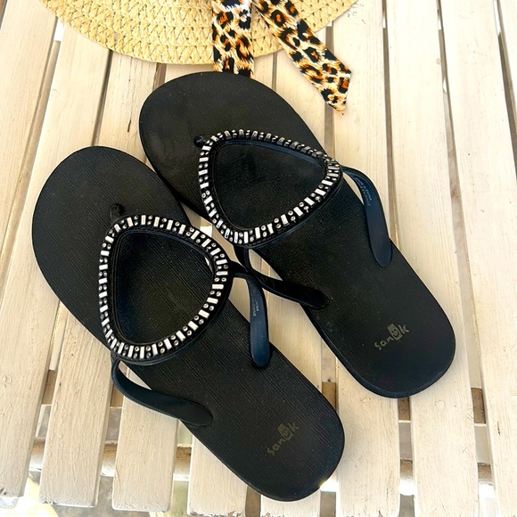 🏖SANUK☀️Blingy Circle Black Yoga Mat Flip Flops Size 10 - Picture 2 of 6